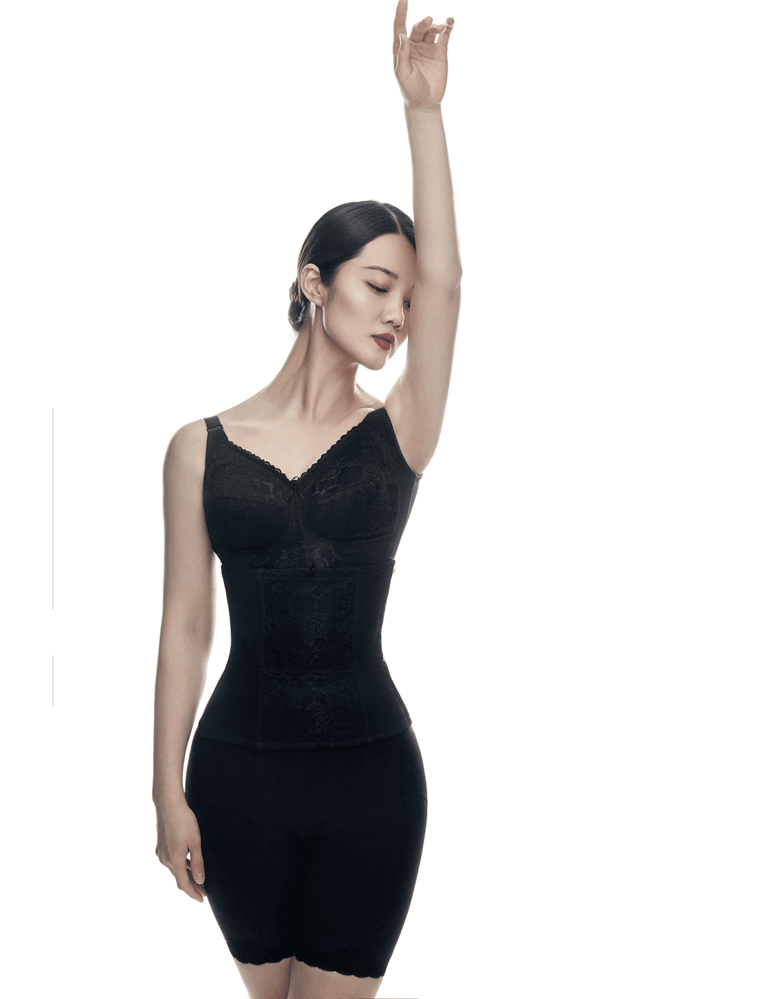 A model wearing black lace Meisubang shapewear